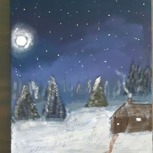 Winter cabin in woods original painting